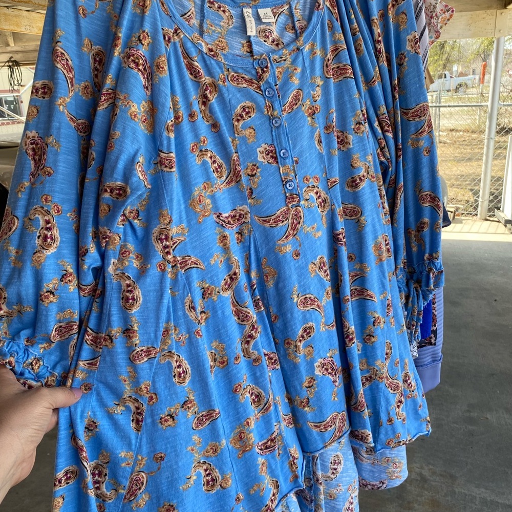 Cato Blue Bishop Sleeve Blouse with Ruffled Relaxed Fit